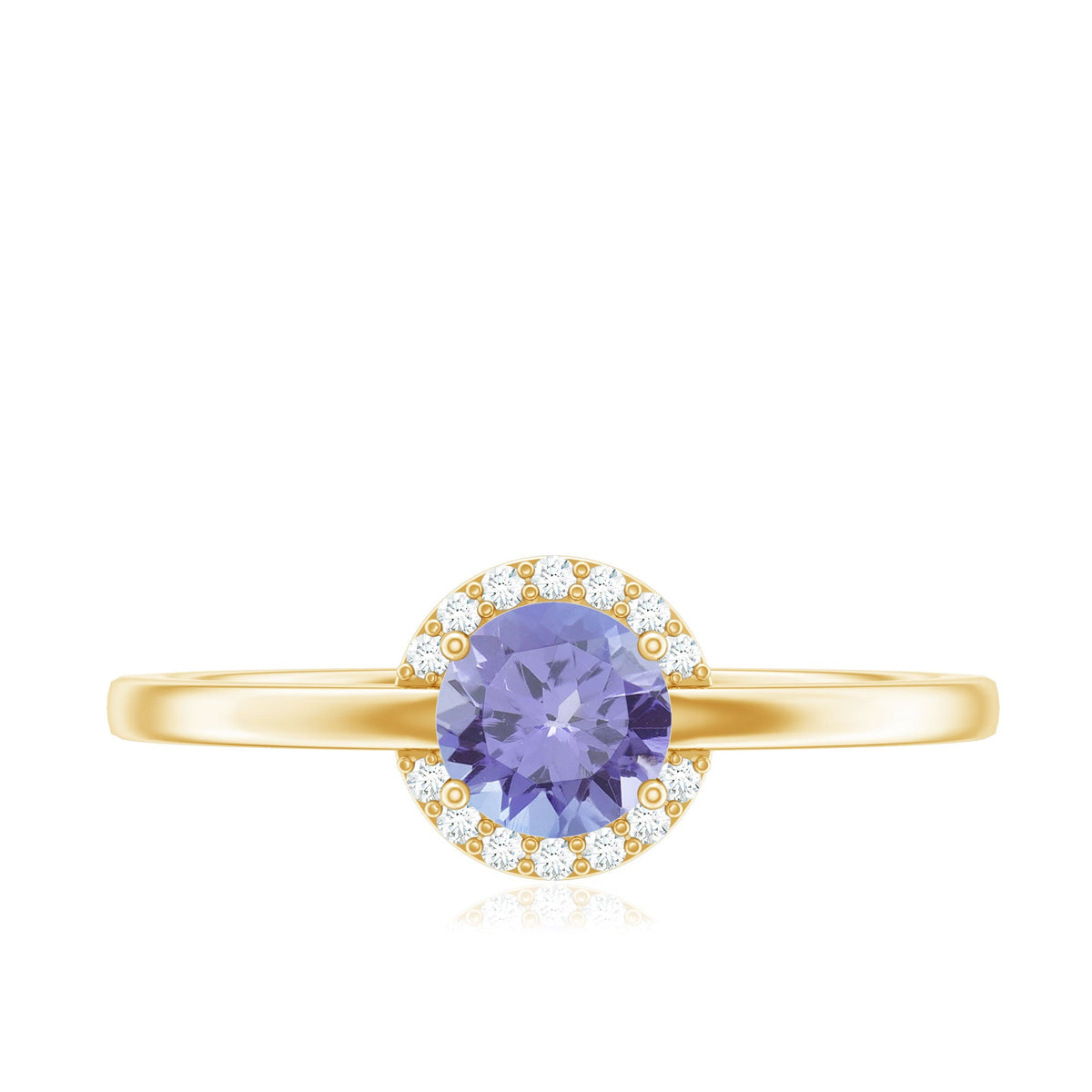 Natural Tanzanite engagement ring with diamond halo set in a rose gold band, showcasing elegant gemstone and sparkling accent diamonds.