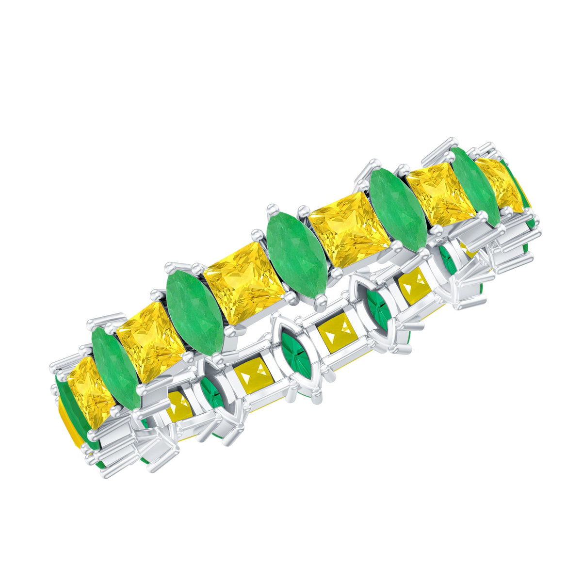 Elegant yellow sapphire and emerald eternity wedding band by Rosec Jewels, featuring a continuous row of vibrant gemstones.