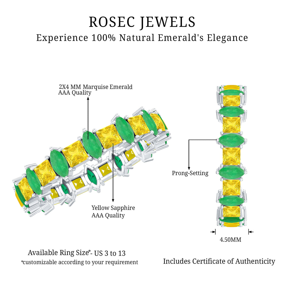 Designer yellow sapphire and emerald eternity wedding band by Rosec Jewels, featuring a gold ring with alternating gemstones.