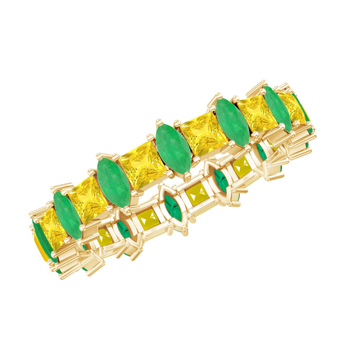 Yellow sapphire and emerald eternity wedding band by Rosec Jewels featuring a continuous row of vibrant gemstones on a gold ring.