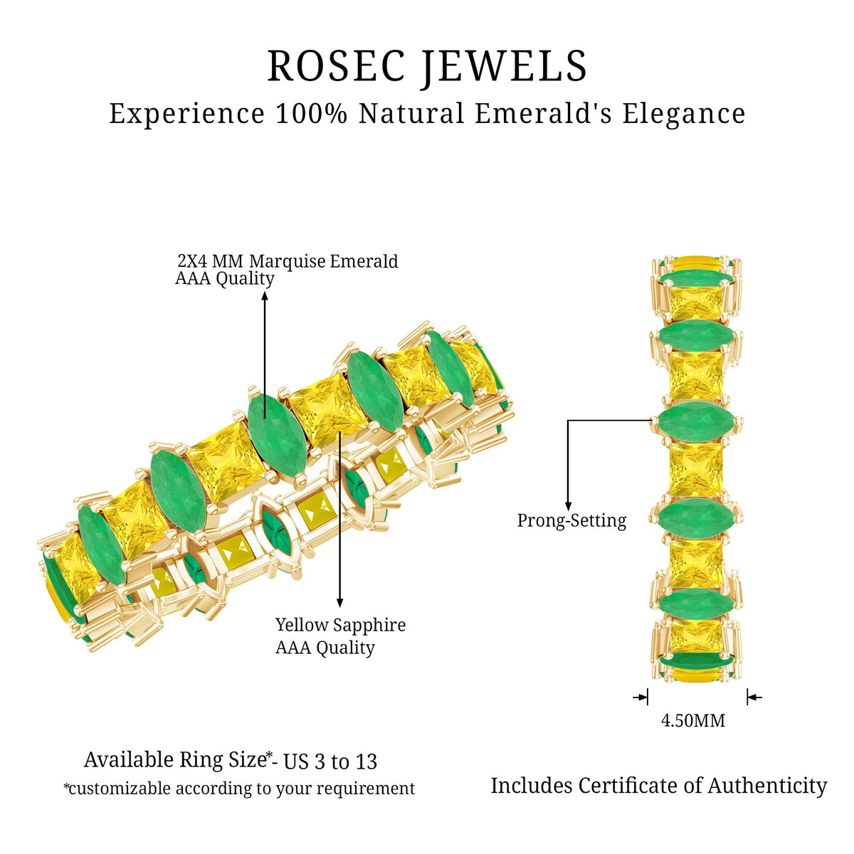 Yellow sapphire and emerald eternity wedding band by Rosec Jewels, featuring a continuous row of vibrant gemstones on a gold ring.