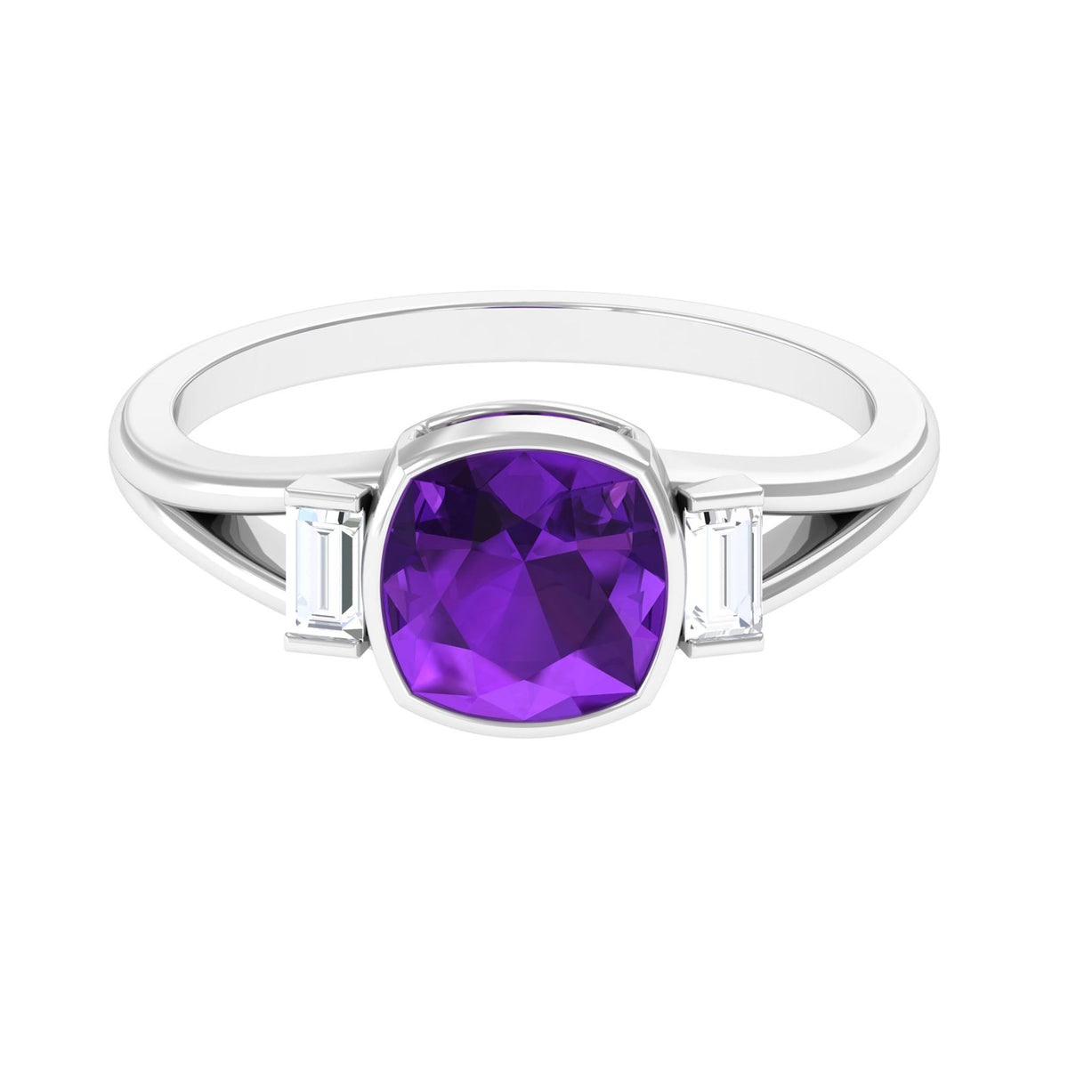 Genuine 2 Carat Amethyst cushion cut engagement ring with diamond accents, crafted by Rosec Jewels, featuring a stunning purple gemstone.