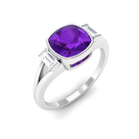 Genuine 2-carat amethyst cushion cut engagement ring with diamond accents by Rosec Jewels, featuring a silver band and intricate setting.
