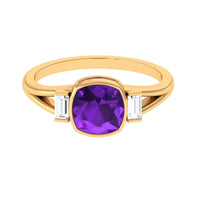 Genuine 2 Carat amethyst cushion cut engagement ring with diamond accents from Rosec Jewels, showcasing the ring's detailed design.
