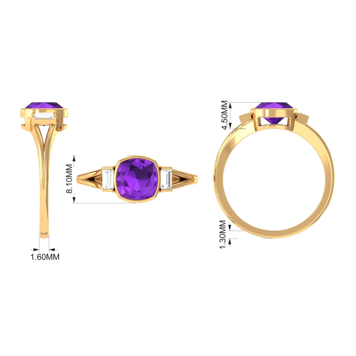 Genuine 2 Carat Amethyst cushion cut engagement ring with diamond accents by Rosec Jewels, featuring a detailed gold band.