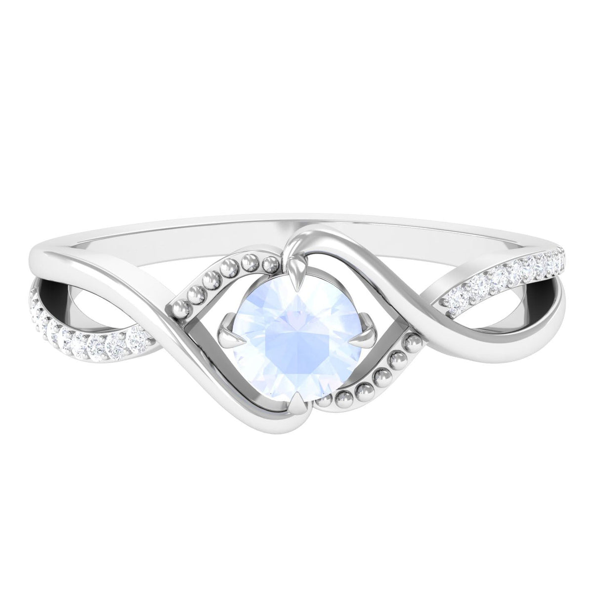 Rosec Jewels 1/2 CT moonstone solitaire crossover ring with diamond, featuring a claw set design and elegant craftsmanship.