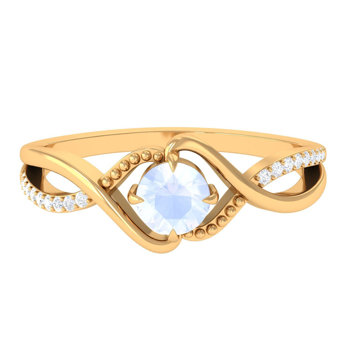 Rosec Jewels 1/2 CT Moonstone solitaire crossover ring with diamond claw set, featuring elegant design and sparkling gemstones.