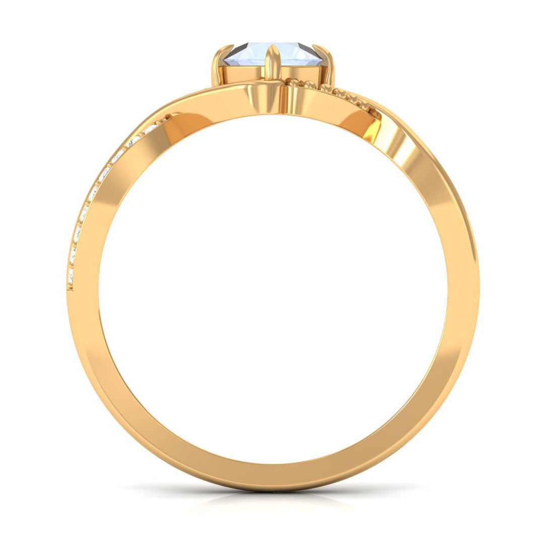 Rosec Jewels moonstone solitaire crossover ring with 1/2 CT claw set moonstone and diamond accents, delicate and elegant jewelry.