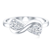 Lab grown diamond Toi Et Moi promise ring with infinity knot, crafted by Rosec Jewels, featuring two sparkling diamonds on a silver band.