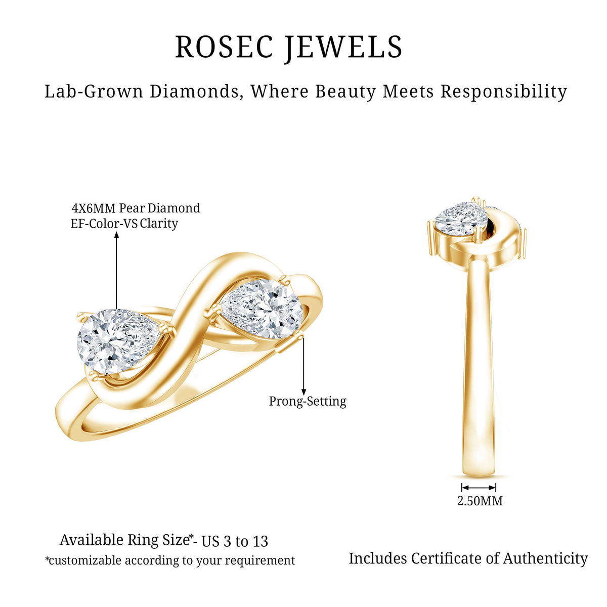 Lab grown diamond Toi Et Moi promise ring with infinity knot from Rosec Jewels, featuring two sparkling diamonds on a sleek band.