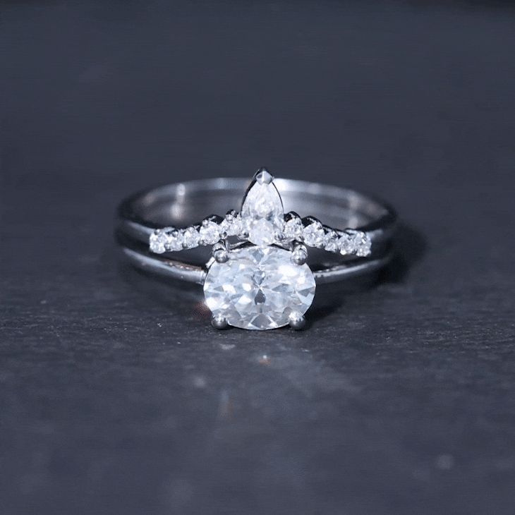 Yellow gold oval lab-grown diamond engagement ring with enhancer from Rosec Jewels, featuring a 6x8 mm center stone.