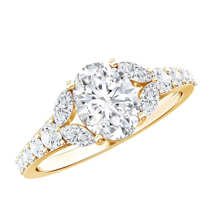 Certified 1 Carat oval lab-grown diamond engagement ring with side stones, featuring a rose gold band and intricate detailing.