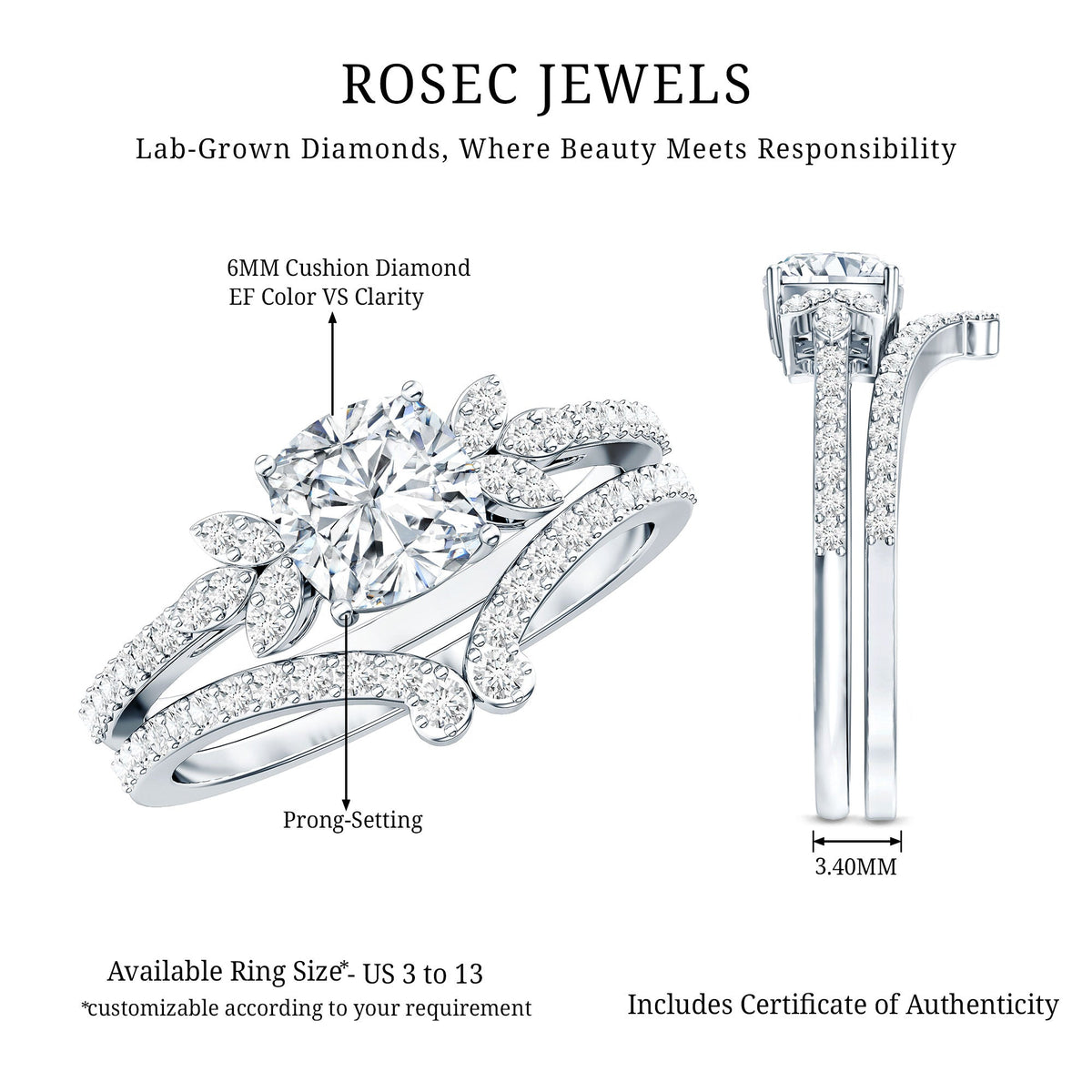 Certified 6 MM Cushion Lab Grown Diamond Engagement Ring with Wedding Band