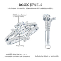 Certified 6 MM Cushion Lab Grown Diamond Engagement Ring with Wedding Band