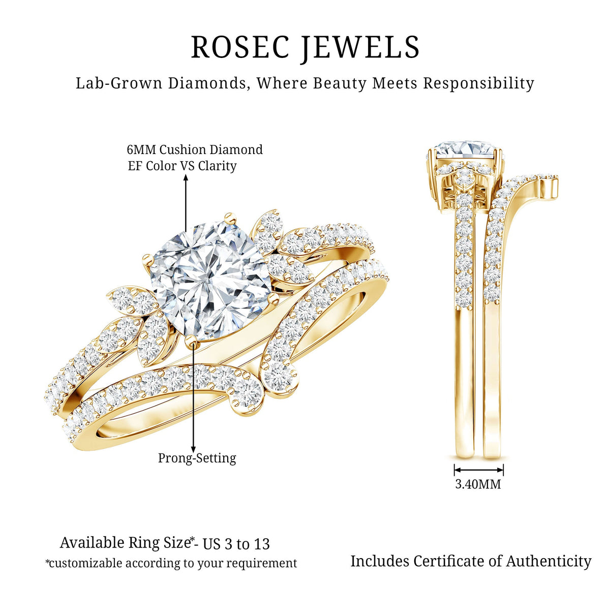 Certified 6 MM Cushion Lab Grown Diamond Engagement Ring with Wedding Band