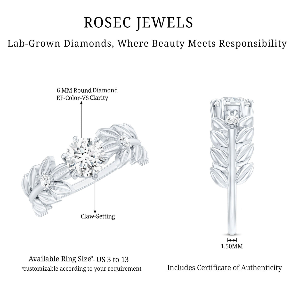 6 MM Lab Grown Diamond Nature Inspired Engagement Ring