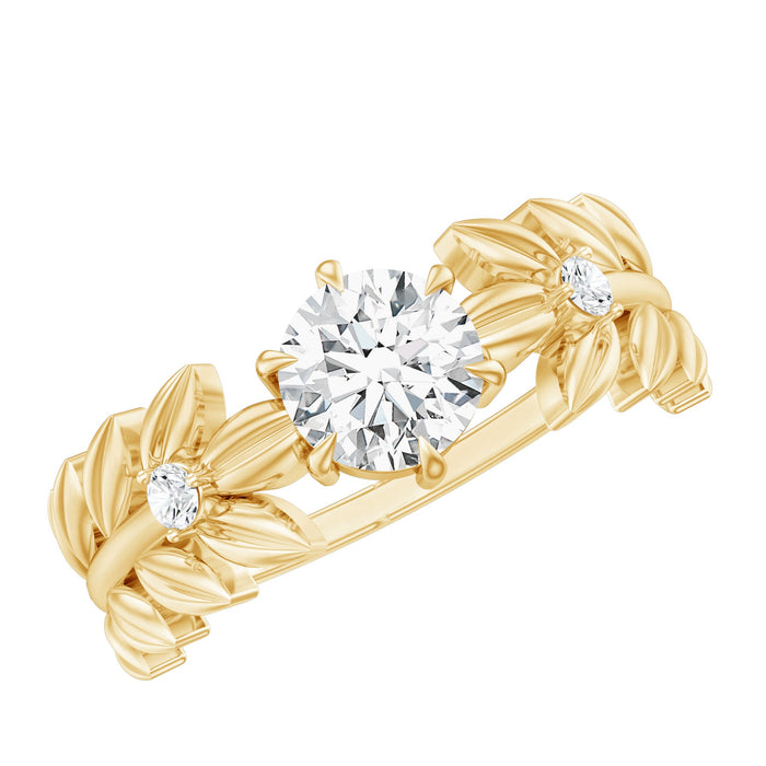 Lab grown diamond engagement ring with nature-inspired design, featuring a 6mm center diamond and intricate band details.