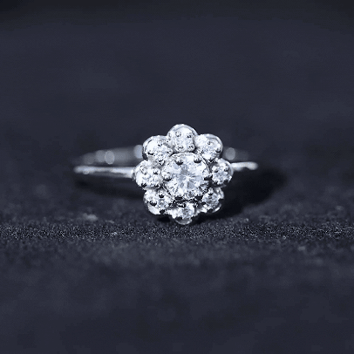 Yellow lab-grown diamond flower promise ring for women by Rosec Jewels, featuring a detailed floral design in a elegant ring setting.