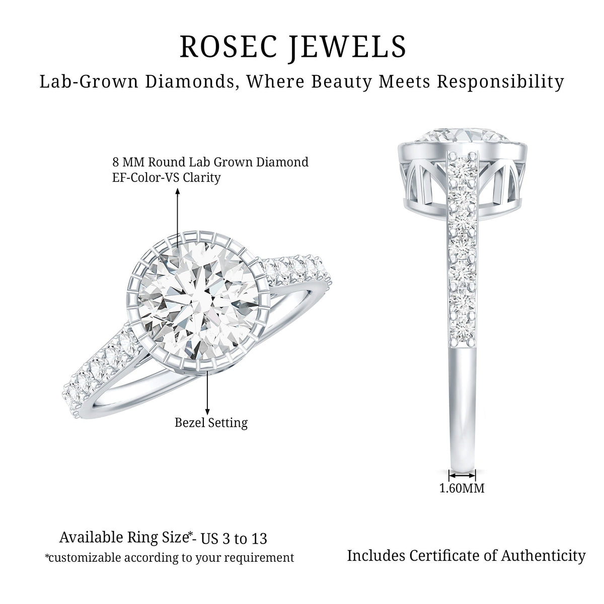 Certified Bezel Set Lab Grown Diamond Engagement Ring With Side Stones