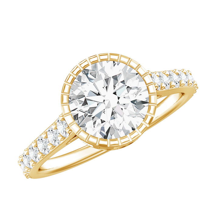 Bezel set lab-grown diamond engagement ring with side stones by Rosec Jewels, showcasing sparkling center diamond and elegant band