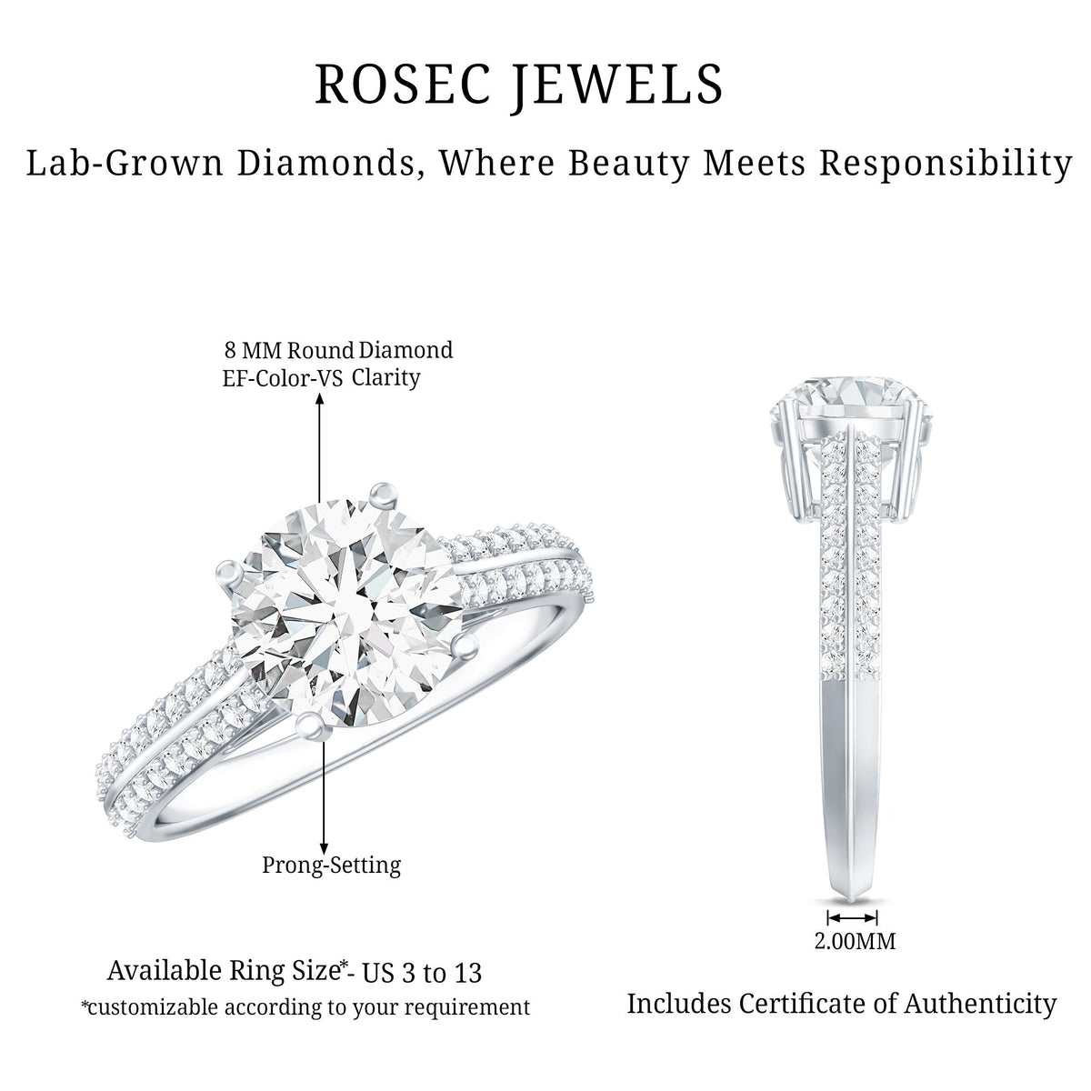 Certified Lab Grown Diamond 2 Carat Simple Engagement Ring With Side Stones