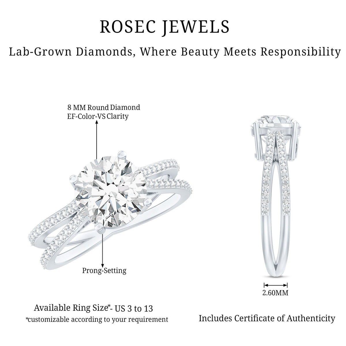 Certified 8 mm Lab Grown Diamond Split Shank Engagement Ring