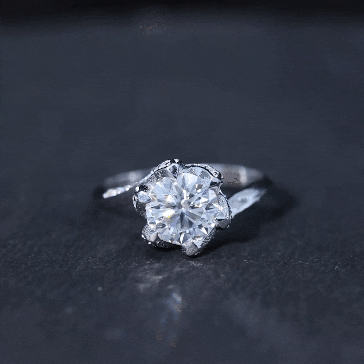 Yellow gold vintage floral engagement ring with 2 carat lab-grown diamond from Rosec Jewels, featuring intricate floral design and sparkling center.