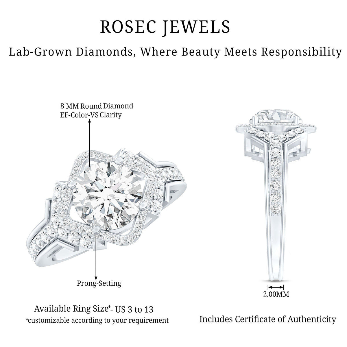 Certified 8 MM Lab Grown Diamond Vintage Style Engagement Ring
