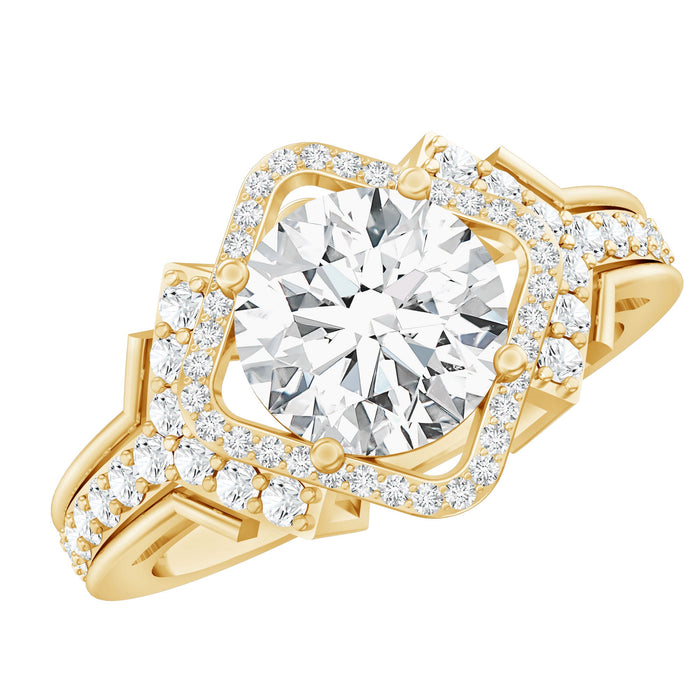 Vintage style engagement ring with an 8mm lab-grown diamond, featuring intricate detailing and a rose gold band.