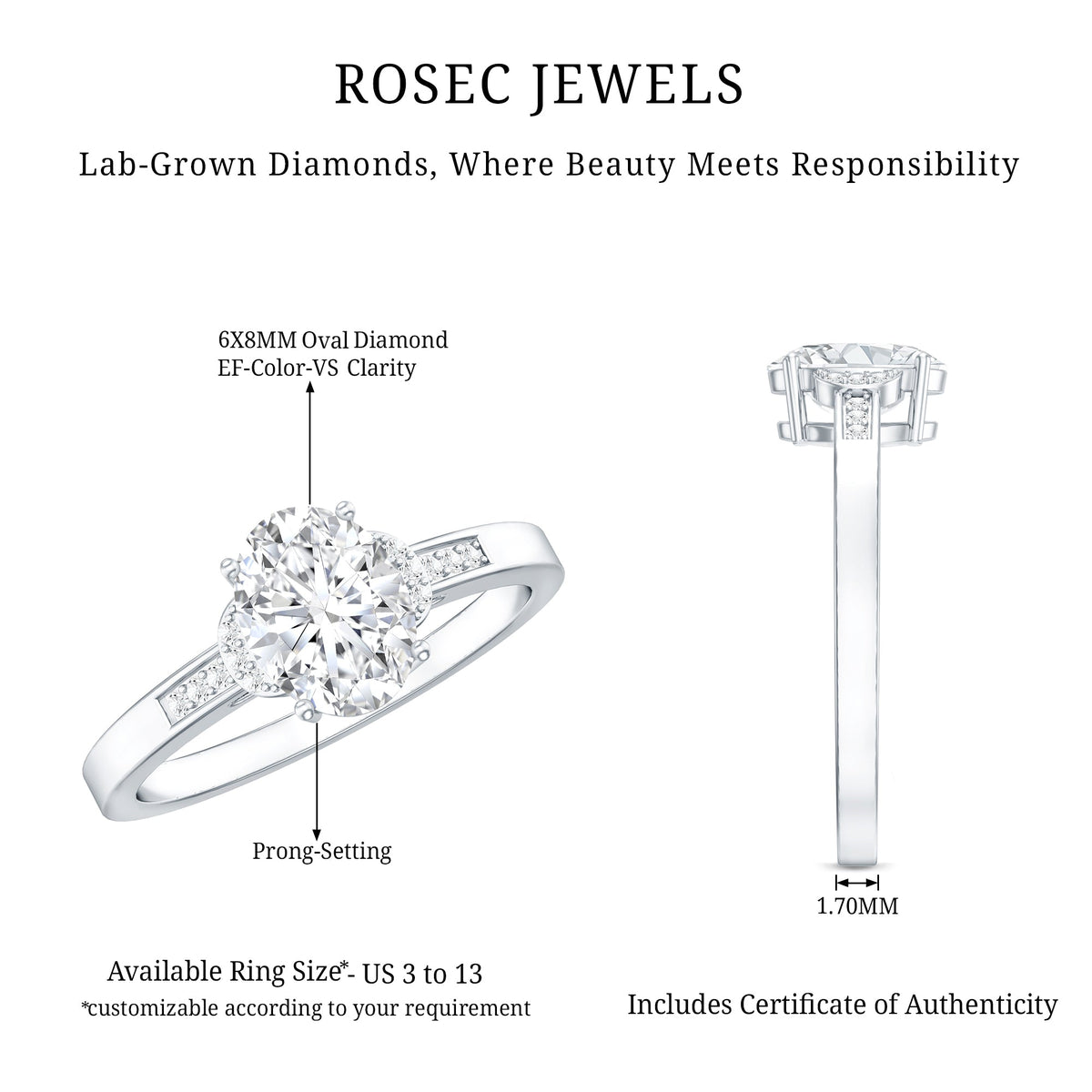 Certified 6X8 MM Oval Lab Grown Diamond Solitaire Engagement Ring