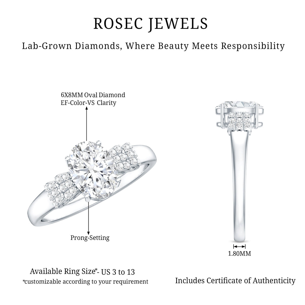 Certified 6X8 MM Oval Lab Grown Diamond Designer Engagement Ring