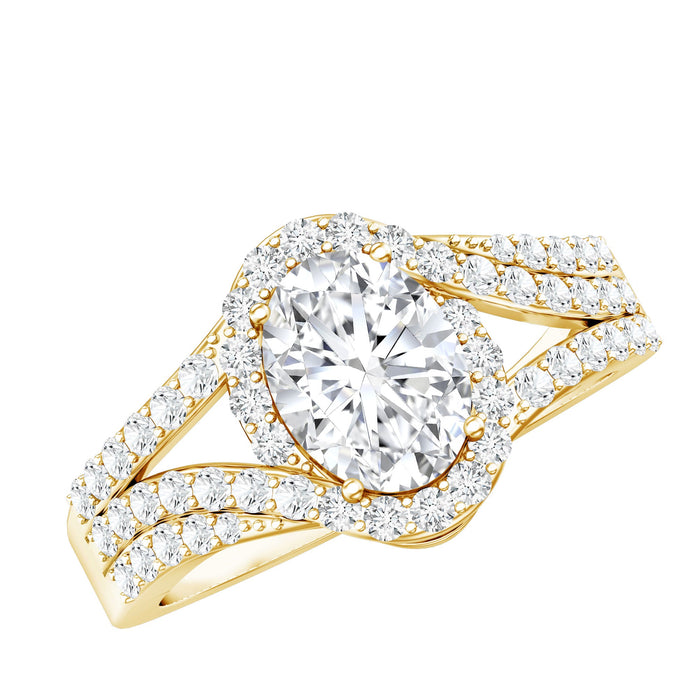 Oval lab-grown diamond split shank engagement ring by Rosec Jewels featuring 6x8 mm stones and intricate metalwork.