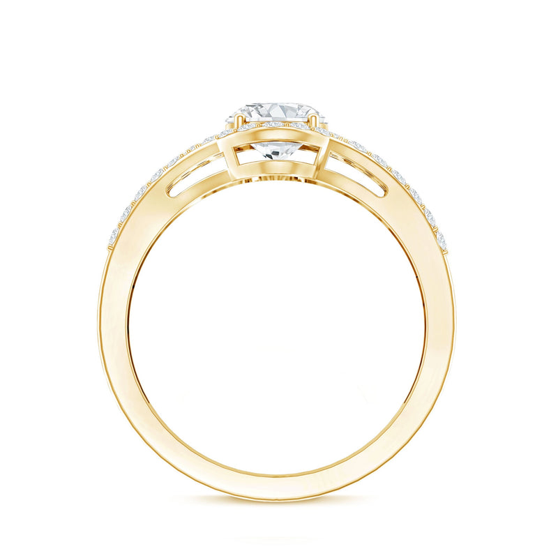 Oval lab-grown diamond split shank engagement ring with 6x8 mm center stone, featuring a rose gold band and intricate detailing.