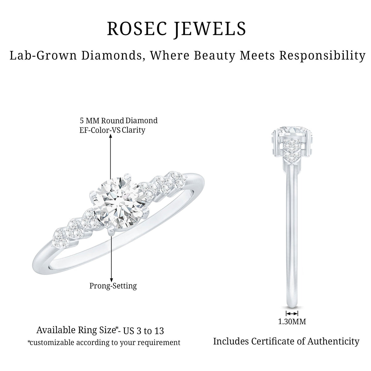 Certified 5 MM Lab Grown Diamond Designer Engagement Ring