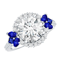 Rosec Jewels 3 Carat lab-grown diamond halo engagement ring with blue sapphire accents, featuring intricate band and sparkling center stone.