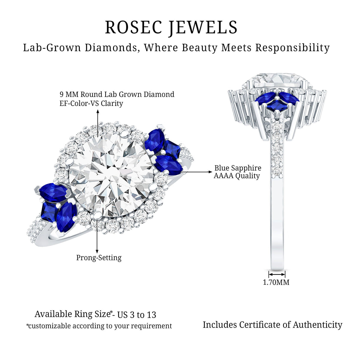 Rosec Jewels 3 Carat lab-grown diamond halo engagement ring featuring a blue sapphire center stone and intricate band design.
