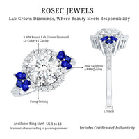 Rosec Jewels 3 Carat lab-grown diamond halo engagement ring featuring a blue sapphire center stone and intricate band design.