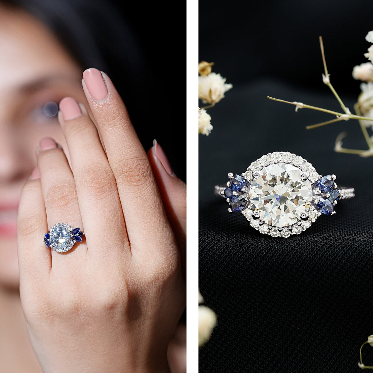Rosec Jewels 3 Carat lab-grown diamond halo engagement ring with blue sapphire center and surrounding smaller diamonds.