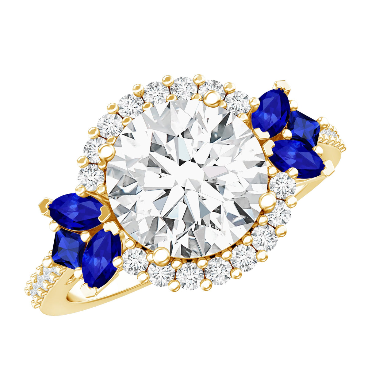 Rosec Jewels 3 Carat lab-grown diamond halo engagement ring with blue sapphire center and sparkling band.