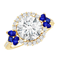 Rosec Jewels 3 Carat lab-grown diamond halo engagement ring with blue sapphire center and sparkling band.