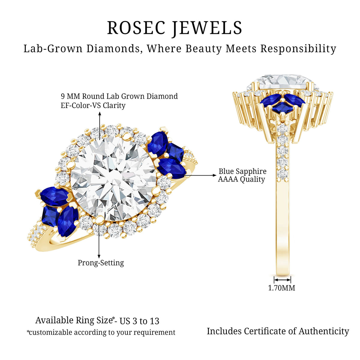 3 Carat lab grown diamond halo engagement ring with blue sapphire accents by Rosec Jewels, featuring a stunning central diamond and intricate band.