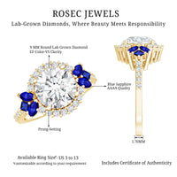 3 Carat lab grown diamond halo engagement ring with blue sapphire accents by Rosec Jewels, featuring a stunning central diamond and intricate band.