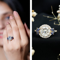 Rosec Jewels 3 Carat lab-grown diamond halo engagement ring with blue sapphire center stone, detailed with sparkling diamond accents.
