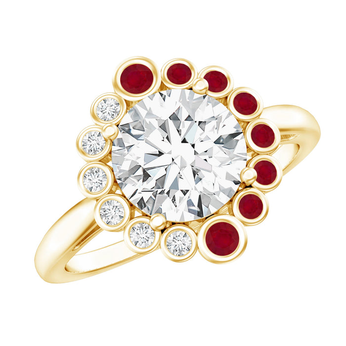 Certified Lab 8 mm diamond ruby halo engagement ring for women, featuring a central diamond surrounded by ruby accents, from Rosec Jewels.