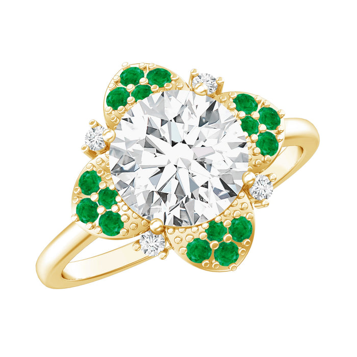 Rosec Jewels lab-grown diamond flower engagement ring with emerald center stone, detailed design and sparkling gemstones.