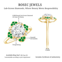Certified Lab Grown Diamond Flower Engagement Ring With Emerald
