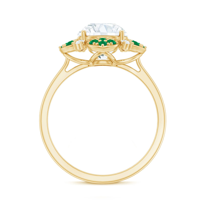 Rosec Jewels lab-grown diamond flower engagement ring with emerald accents, featuring intricate design and sparkling gemstones.