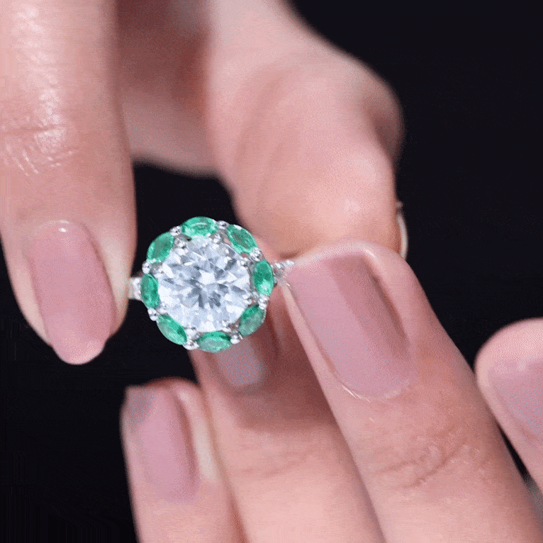 Yellow 9mm diamond emerald engagement ring by Rosec Jewels, featuring a certified lab-grown diamond and intricate designer details.