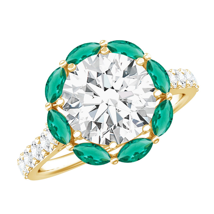 Certified Lab 9 mm diamond and emerald designer engagement ring from Rosec Jewels featuring a stunning gemstone setting and intricate design.