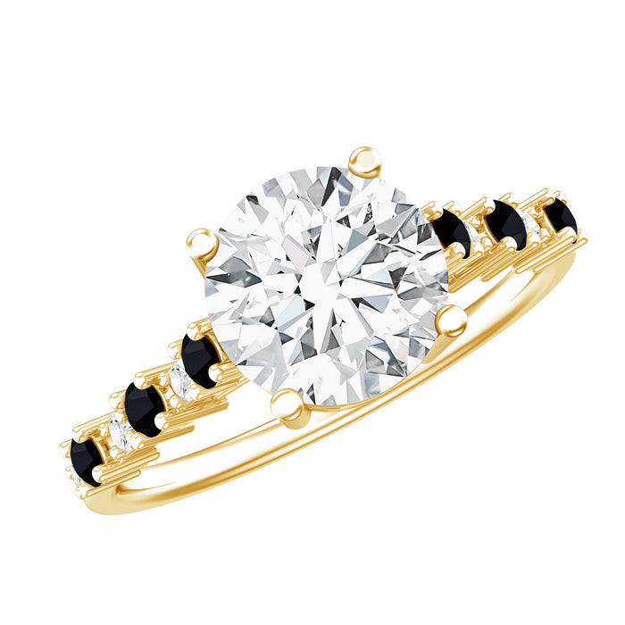 Lab grown diamond designer engagement ring with black diamond detail, showcasing intricate band and sparkling gemstones by Rosec Jewels.